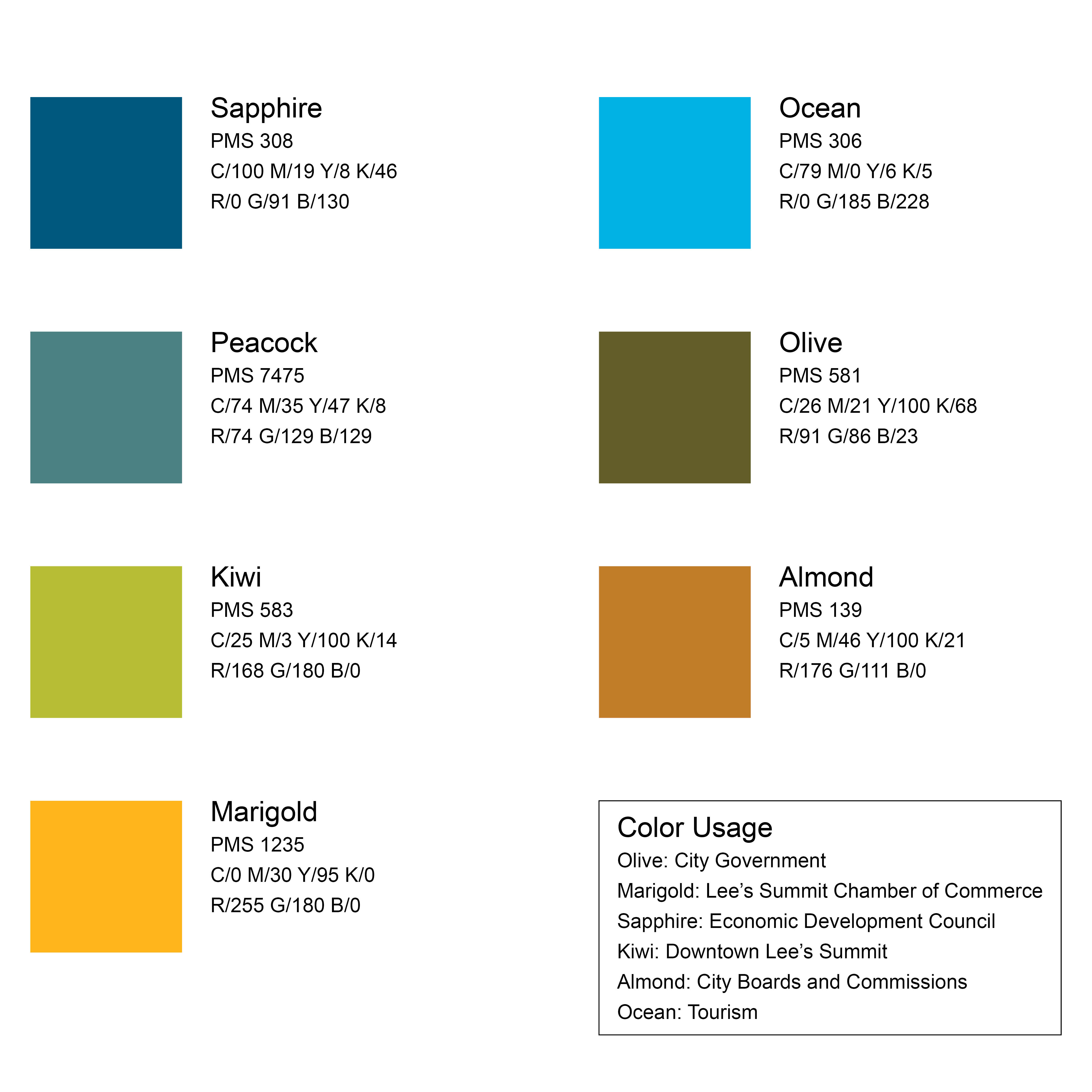 Sapphire Ocean Peacock Olive Kiwi Almond Marigold Color Usage Olive City Government Marigold Lee's Summit Chamber of Commerce Sapphire Economic Development Council Kiwi Downtown Lee's Summit Almond City Boards and Commissions Ocean Tourism